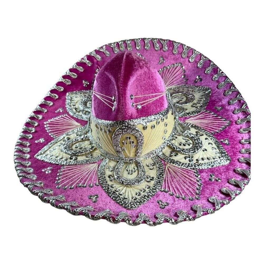 Pink Elaborate Genuine Mexico & Silver Mexican Sombrero Hat 6 3/4 Yepez Velvet
